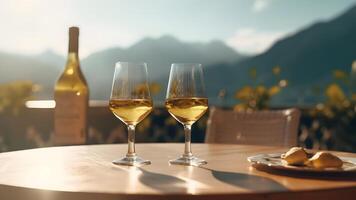 AI generated table on a terace with two glasses of wine, sunshine, summervibes, mountains in the background, neural network generated photorealistic image photo