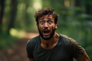 AI generated scared Caucasian young adult man lost in forest at summer, neural network generated photorealistic image photo