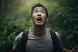 AI generated scared Asian young adult man lost in forest at summer, neural network generated photorealistic image photo