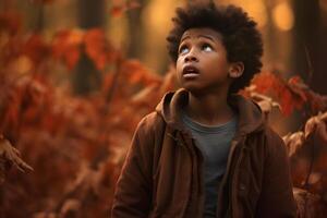 AI generated African American boy lost in forest at autumn evening, neural network generated photorealistic image photo