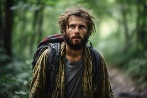 ai generado caucásico joven adulto hombre perdido en bosque a verano día, neural red generado fotorrealista imagen foto