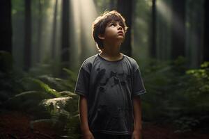 AI generated Caucasian kid lost in forest at summer day, neural network generated photorealistic image photo