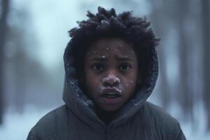 AI generated African American boy lost in forest at winter evening, neural network generated photorealistic image photo