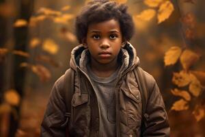 AI generated African American boy lost in forest at autumn evening, neural network generated photorealistic image photo