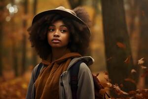 AI generated African American girl lost in forest at autumn evening, neural network generated photorealistic image photo