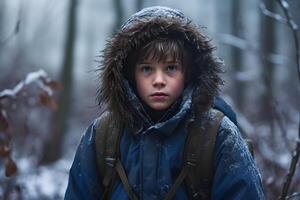 AI generated Caucasian boy lost in forest at snowy winter day, neural network generated photorealistic image photo