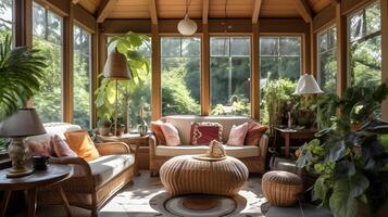 AI generated A charming sunroom with wicker furniture, tropical plants, and a view of the garden, botanical decor, natural light, neural network generated photorealistic image photo