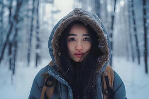 AI generated Asian woman lost in snowy winter forest at day, neural network generated photorealistic image photo