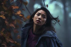 AI generated Asian woman in forest at autumn day, neural network generated photorealistic image photo