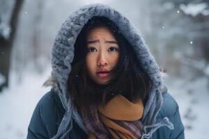 AI generated Asian woman lost in snowy winter forest at day, neural network generated photorealistic image photo