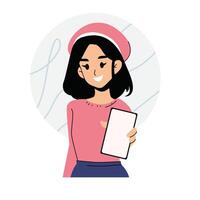 mujer demostración su móvil teléfono pantalla, concepto plano estilo. vector