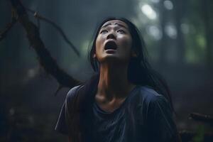 AI generated Asian woman lost in forest at summer day, neural network generated photorealistic image photo