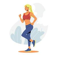 rubia mujer haciendo aeróbicos en el parque, concepto plano estilo. vector