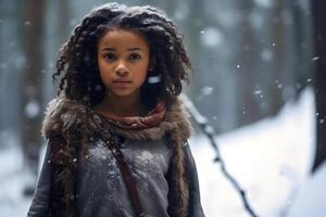 AI generated African American girl lost in forest at winter day, neural network generated photorealistic image photo