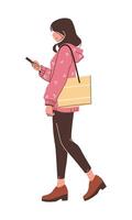 Shopping Woman Walking While Looking at Handphone vector