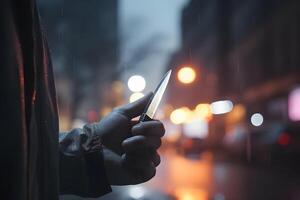 AI generated closeup view of of man holding knife in hand in dark backalley, neural network generated photorealistic image photo