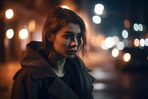 AI generated cinematic portrait of stranger on night street in thriller style, neural network generated photorealistic image photo