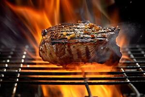 AI generated Tasty beef steak lying on steel grate with fire flames around, neural network generated photorealistic image photo