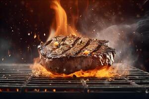 AI generated Tasty beef steak lying on steel grate with fire flames around, neural network generated photorealistic image photo