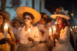 AI generated Women with Catrina costumes and with skull make-up holding candles at the parade for dia de los muertos, neural network generated image photo