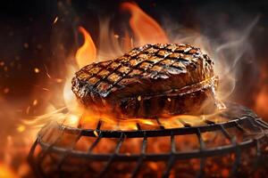 AI generated Tasty beef steak lying on steel grate with fire flames around, neural network generated photorealistic image photo