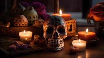 AI generated ornate white scull with candles and flowers for Dia de los muertos or day of the dead celebration, neural network generated image photo