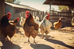 ai generado un grupo de pollos fuera de un granja en el sol, neural red generado fotorrealista imagen foto