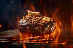 AI generated Tasty beef steak lying on steel grate with fire flames around, neural network generated photorealistic image photo
