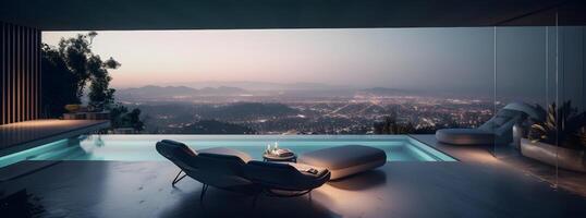 AI generated modern luxury lounge and pool area in the style of french landscaping, neural network generated photorealistic image photo