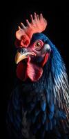 AI generated gorgeous colorful rooster close portrait on black background, neural network generated photorealistic image photo