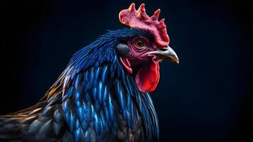 AI generated gorgeous colorful rooster close portrait on black background, neural network generated photorealistic image photo