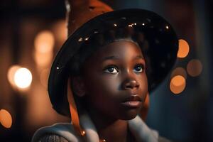 AI generated close portrait of young african american boy dressed in costume for halloween party, neural network generated photorealistic image photo