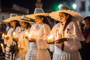 ai generado mujer con catrina disfraces y con cráneo maquillaje participación velas a el desfile para dia Delaware los muertos, neural red generado imagen foto