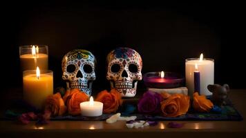 AI generated ornate white sculls with candles and flowers for Dia de los muertos or day of the dead celebration, neural network generated image photo