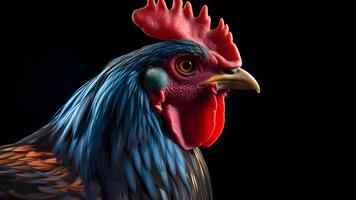 AI generated gorgeous colorful rooster close portrait on black background, neural network generated photorealistic image photo