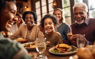 AI generated Enjoying dinner with friends. Top view of group of people having dinner together. Generative AI photo