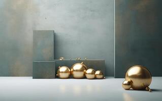 AI generated Podium with christmas decoration by deers in the style of light gray and gold. AI generated photo