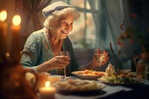 AI generated Elderly lady has dinner sitting at the table at home. Generative AI photo