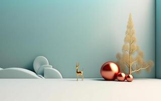 AI generated Podium with christmas decoration by deers in the style of light gray and gold. AI generated photo