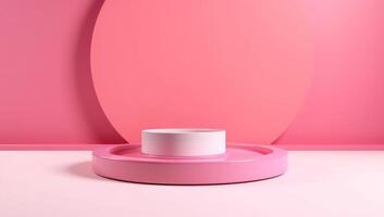 ai generado producto monitor podio con regalo cajas y globo en rosado antecedentes. generativo ai. foto