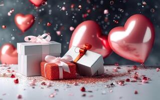 AI generated Happy Valentine's Day. Holiday wedding. happy birthday. Festive background with heart, balloons and gift box. Generative AI. photo