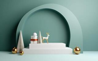 AI generated Podium with christmas decoration by deers in the style of light gray and gold. AI generated photo
