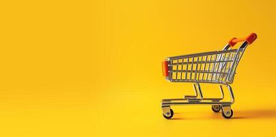 AI generated Shopping cart and Gifts on yellow background, sale banner, black Friday sale, Cyber Monday sale, Generative Ai photo