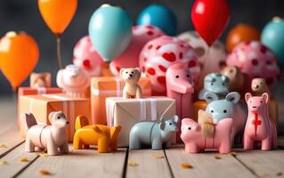 AI generated Cute Toys with colorful balloon and gift box. Ai Generative photo