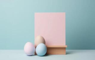 AI generated Pastel Easter eggs on pink background top view. Flat lay style. Generative AI photo