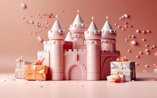 AI generated Pink Castle Toys with colorful balloon and gift box. Ai Generative photo