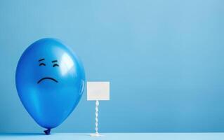 AI generated Blue balloon on a blue background with a sad face drawn. Blue monday concept.Generative AI photo