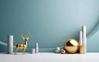 AI generated Podium with christmas decoration by deers in the style of light gray and gold. AI generated photo