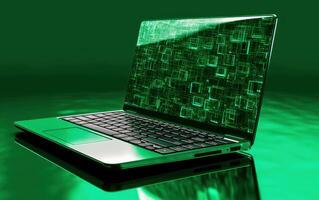AI generated Green computer laptop on green background, sale banner, Cyber Monday sale, Generative Ai photo