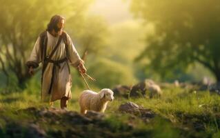 AI generated A bible jesus shepherd with his flock of sheep during sunset. Generative AI photo